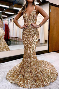 Golden Sequin Sparkly Mermaid Prom Dress VK23101907