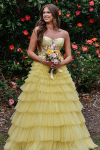 Cute Sweetheart Yellow Tiered Tulle Long Prom Dresses VK24102408