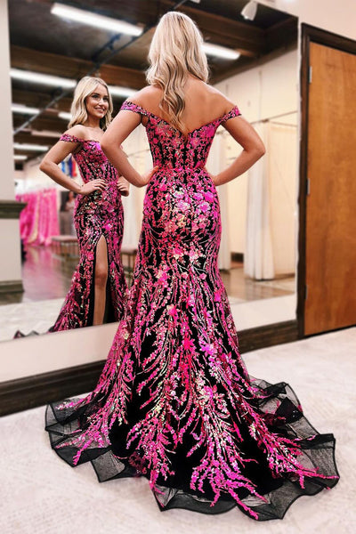 Attractive Fuchsia Sequin Lace Off the Shoulder Mermaid Prom Dress VK24030407