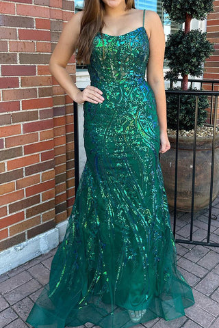 Dark Green Sequin Lace Scoop Neck Mermaid Long Prom Dresses VK23112208