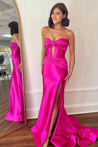 Charming Mermaid Sweetheart Hot Pink Satin Prom Dresses with Slit VK24102307