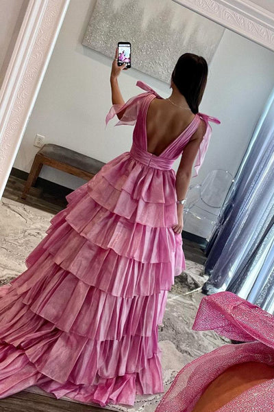 Pink V Neck Tiered Taffeta Long Prom Dresses with Bow VK23112602