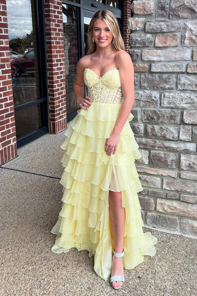 Cute A Line Sweetheart Daffodial Chiffon Tiered Prom Dresses with Beading VK24121101