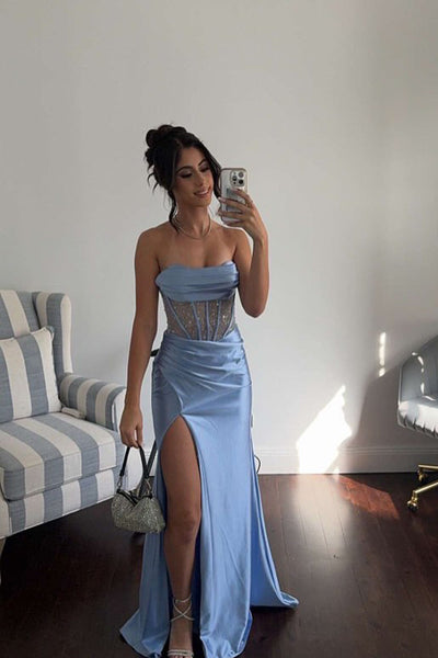 Cute Mermaid Cowl Neck Light Blue Satin Slit Prom Dresses VK130606