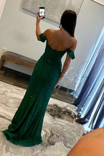 Sophisticated Dark Green Mermaid Off-the-Shoulder Lace Long Prom Dress