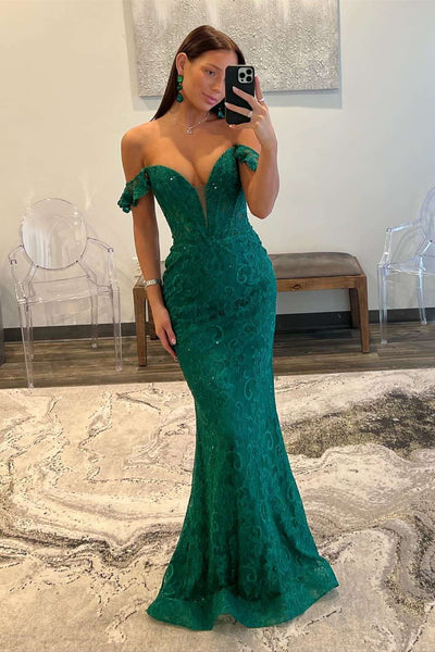 Sophisticated Dark Green Mermaid Off-the-Shoulder Lace Long Prom Dress