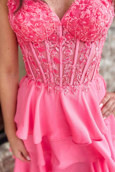Cute A-Line Sweetheart Pink Ruffle Tiered Long Prom Dresses with Slit VK25040106