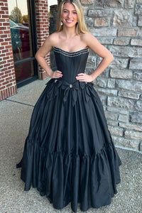 Cute Ball Gown Scoop Neck Satin Long Prom Dresses with Beading VK24101407