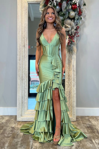 Sweet  Mermaid V Neck Sage Satin Tiered Prom Dress with Slit VK24122403