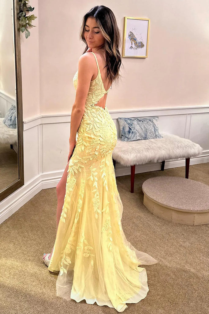 V Neck Open Back Yellow Floor Length Lace Long Prom Dresses, Spaghetti –  morievent