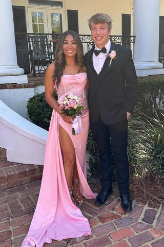 Cute Mermaid Strapless Pink Satin Prom Dress with Slit VK020101