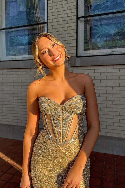 Charming Mermaid Sweetheart Gold Sequins Slit Prom Dress with Beading VK1361703