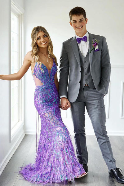 Purple Sequins V Neck Mermaid Long Prom Dresses with Feather VK24060201