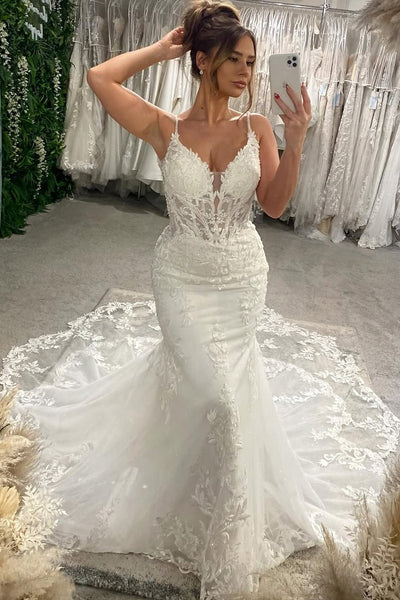 Elegant Mermaid Sweetheart Lace Long Wedding Dresses with Appliques VK24121804