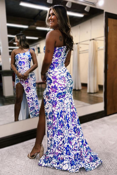 Mermaid One Shoulder Purple White Sequins Long Prom Dress with Slit