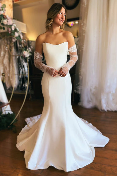 Elegant Mermaid Scoop Neck Satin Wedding Dresses with Long Sleeves VK24101803