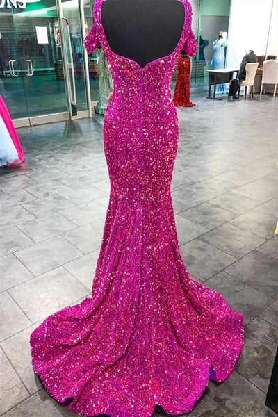 Mermaid Off-the-Shoulder Fuchsia Sequins Long Prom Dress VK23121803