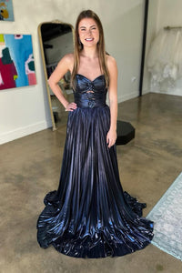 Sweetheart A Line Keyhole Black Metallic Satin Long Prom Dress with Bow VK1361709