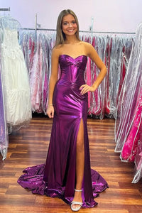 Charming Mermaid Sweetheart Purple Metallic Satin Long Prom Dress with Slit VK25012003