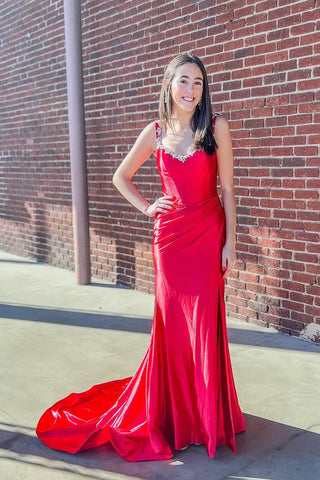 Cute Mermaid V Neck Red Satin Slit Prom Dress with Beading VK1362009