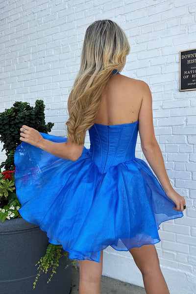 Sparkly A-Line Sweetheart Royal Blue Organza Short Homecoming Dresses VK240901904