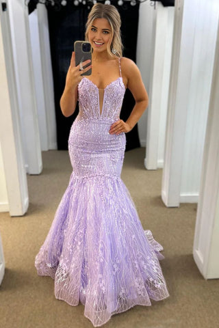 Cute Mermaid V Neck Lavender Tulle Prom Dresses VK1303