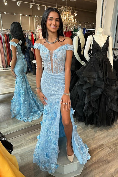 Light Blue Off the Shoulder Lace Appliques Mermaid Long Prom Dresses VK24012602