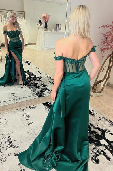 Mermaid Off the-Shoulder Green Satin Prom Dresses with Appliques