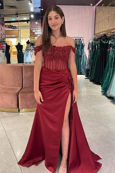 Mermaid Off the-Shoulder Green Satin Prom Dresses with Appliques