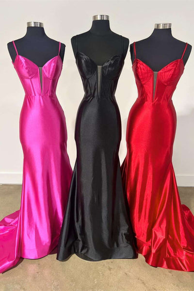 Charming Fuchsia Mermaid V-Neck Satin Long Prom Dress