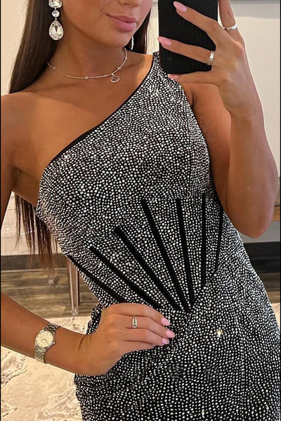 Gorgeous Mermaid One Shoulder Black Beaded Satin Prom Dress with Split