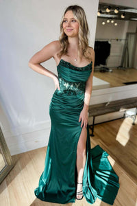 Cute Mermaid Cowl Neck Emerald Green Satin Prom Dress with Slit