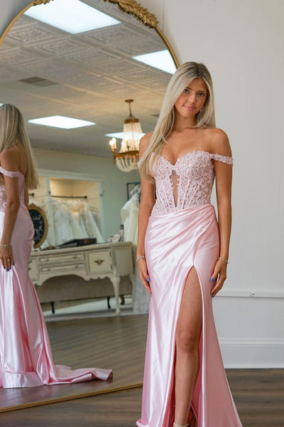 Charming Mermaid Sweetheart Pink Satin Long Prom Dresses With Split