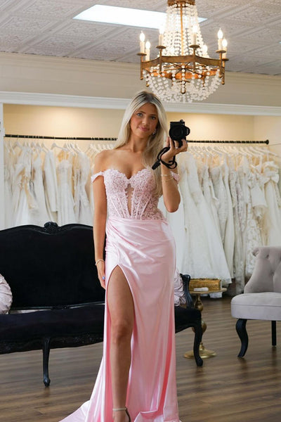 Charming Mermaid Sweetheart Pink Satin Long Prom Dresses With Split