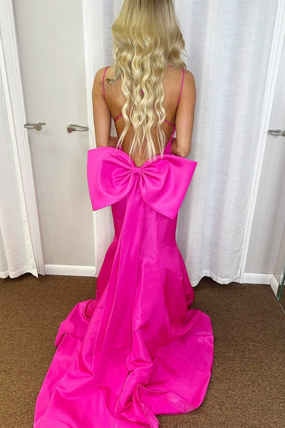 Cute Hot Pink V-Neck Bow-Back Trumpet Long Prom Dresses