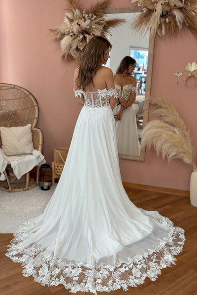 Boho A Line Off the Shoulder Chiffon Long Wedding Dresses with Appliques