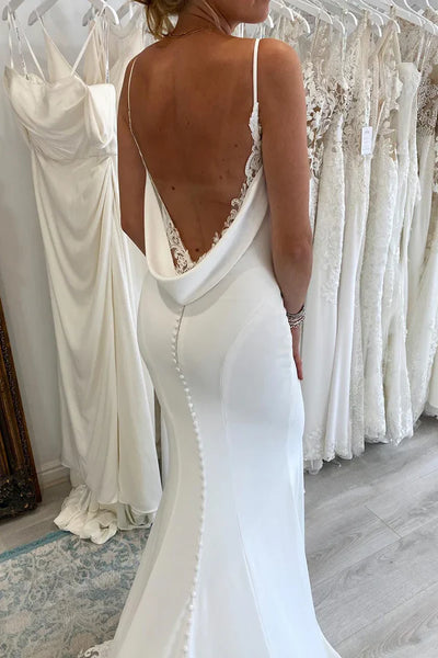 Simple Elegant V Neck Satin Long Wedding Dresses with Appliques VK24102102