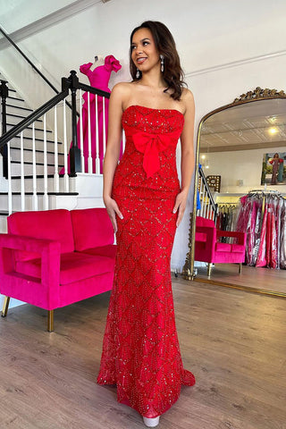 Elegant Mermaid Strapless Red Sequin Lace Long Prom Dress with Bow