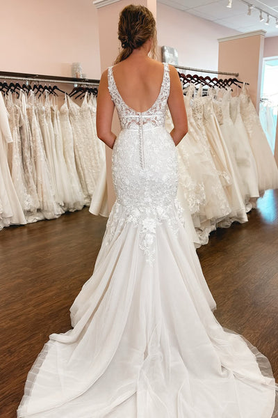 Mermaid V Neck White Tulle Wedding Dresses with Appliques VK021414