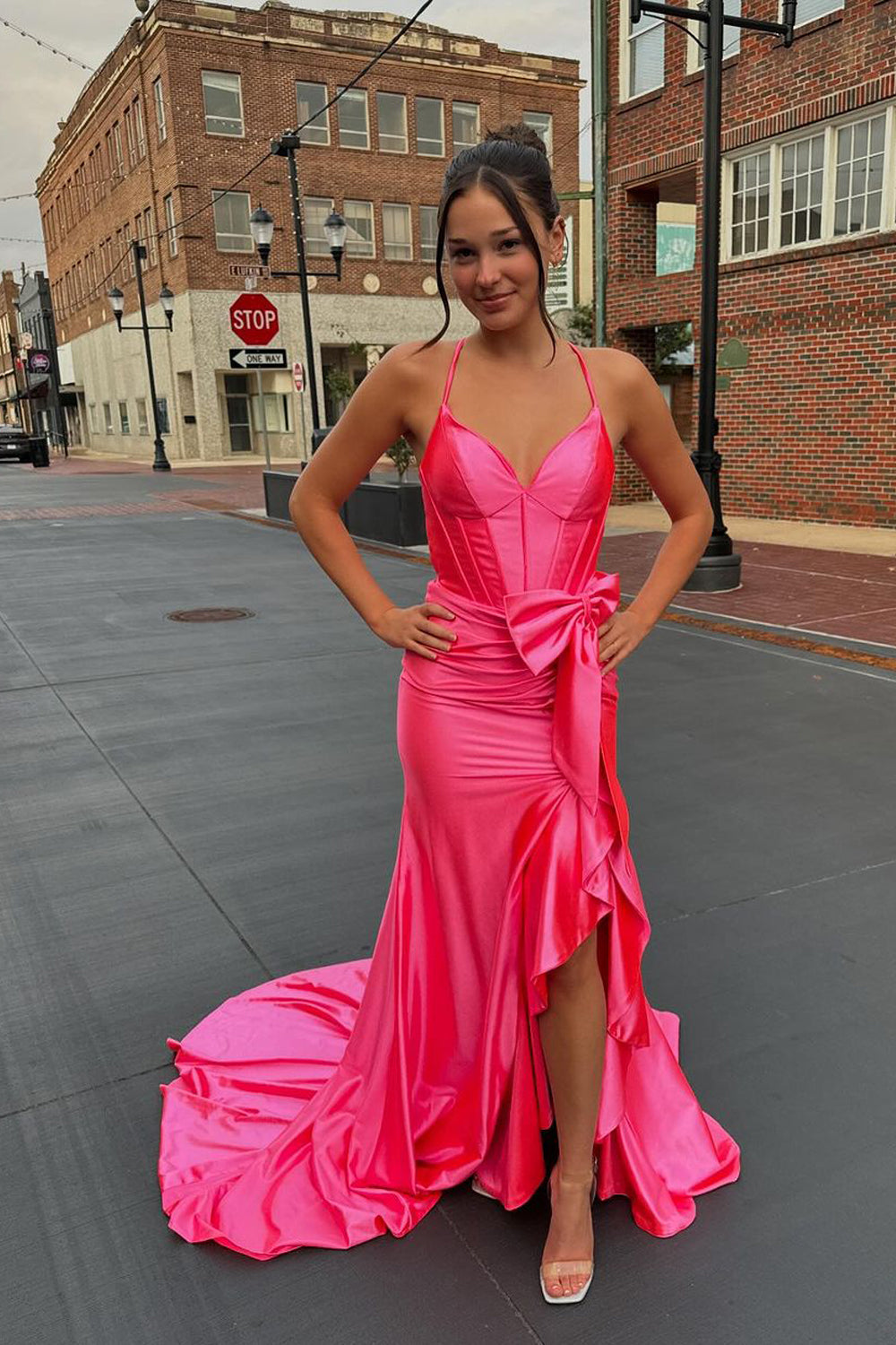 Cute Mermaid V Neck Hot Pink Satin Slit Prom Dresses with Bow