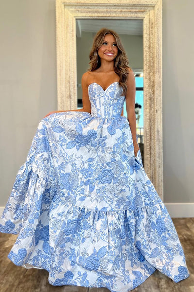 Gorgeous Ball Gown Sweetheart Light Blue Jacquard Satin Prom Dress VK24120315