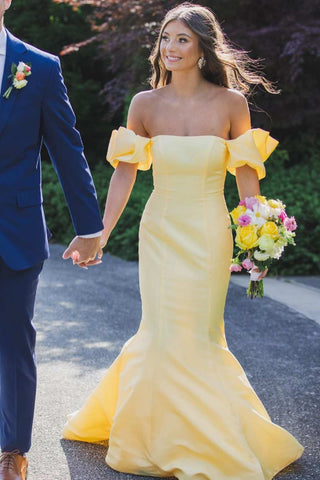 Charming Mermaid Strapless Yellow Satin Prom Dress with Bow VK24122409