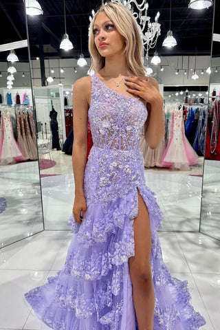 Fashion Mermaid One Shoulder Lavender Sequins Long Prom Dresses with Slit VK24101909