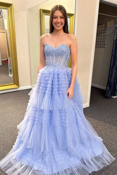 A-Line Ruffle Tiered Tulle Long Prom Dresses with Appliques VK24020801