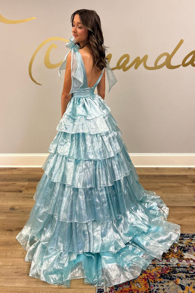 Cute Ball Gown Light Blue Ruffle Tiered Long Prom Dresses with Bow VK0731148