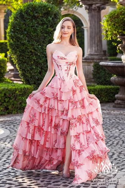 A Line Sweetheart Floral Printed Chiffon Tiered Prom Dress with Sit VK24122710