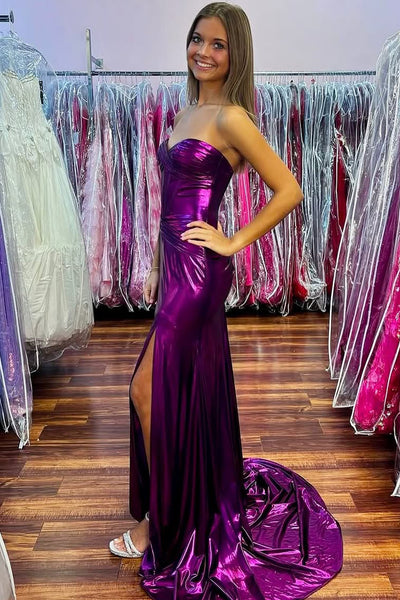 Charming Mermaid Sweetheart Purple Metallic Satin Long Prom Dress with Slit VK25012003