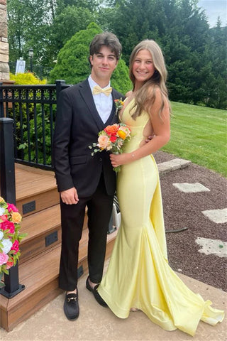 Mermaid V Neck Yellow Satin Prom Dress with Cross Back VK24122603