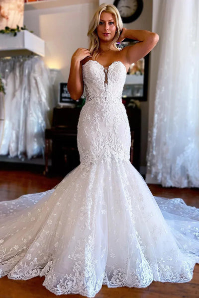 Gorgeous Mermaid Sweetheart Lace Wedding Dresses with Sleeves VK2410214