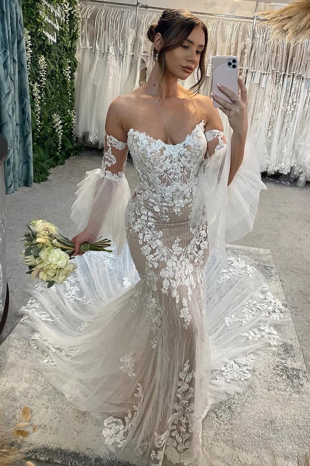 Boho Mermaid V Neck Lace Wedding Dresses with Appliques VK13120914